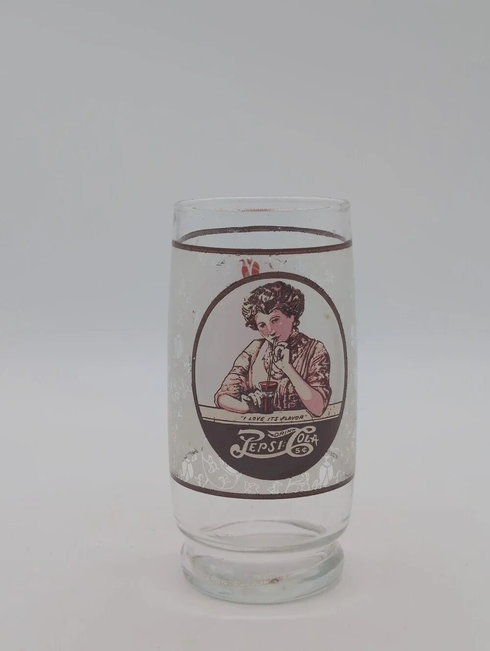 Vintage Pepsi-Cola Glass with Victorian Lady Gibson Girl Graphic - Brown & White